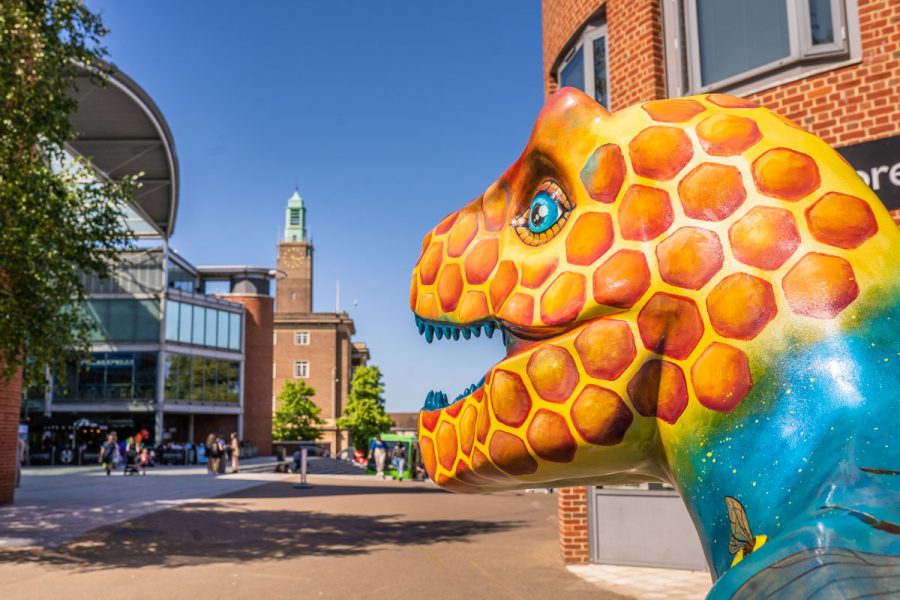 Dinosaur outside the Forum and city hall in Norwich