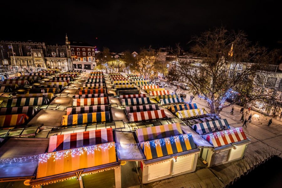 Aerial view of Norwich market by night at Christmas