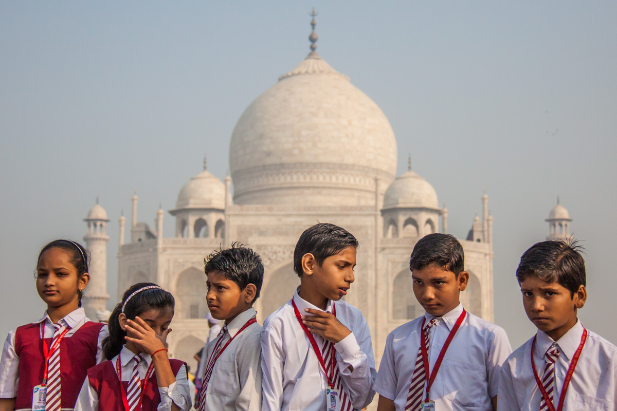 Line of Indian school children in front of Taj Mahal
